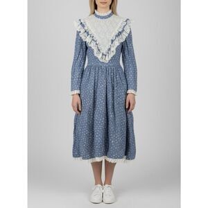 Vintage Sabrina Prairie Dress Blue Floral Lace Trim Cottagecore USA Made Sz 10